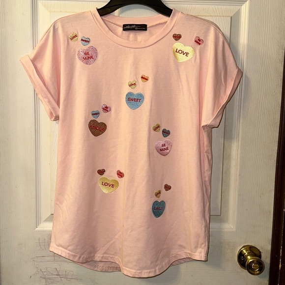 OntWelfth Tops - OntWelfth Size Medium Pink embroidered jeweled candy heart Valentine’s shirt